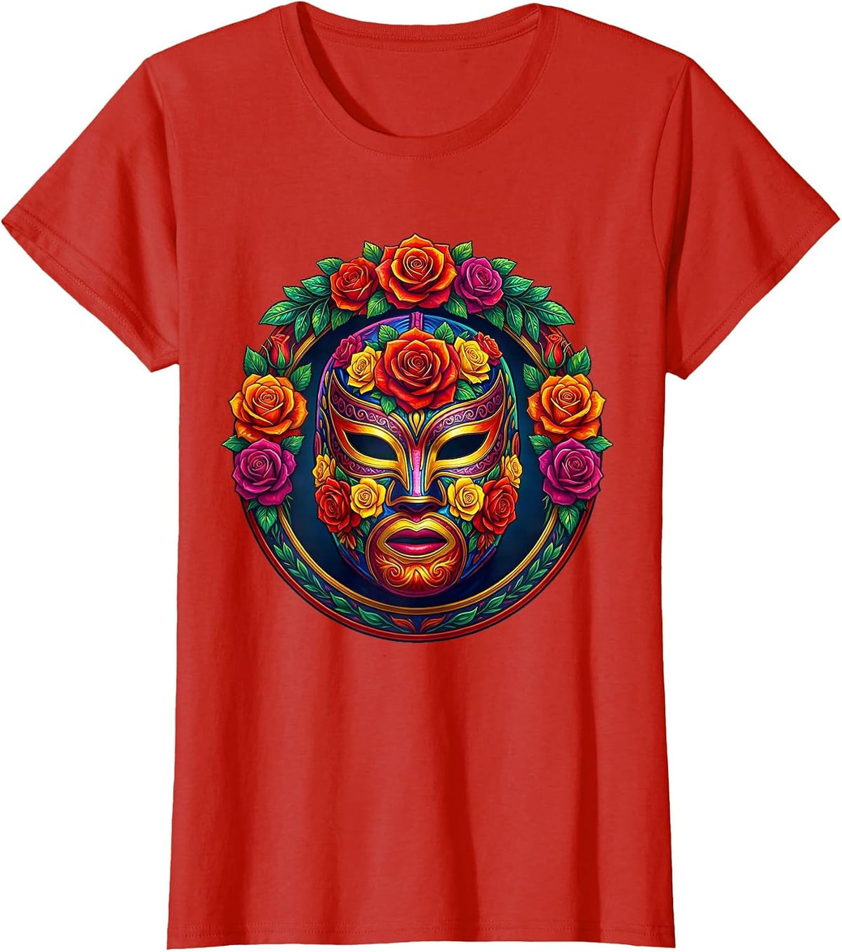 Women's Luchadora Mask with Roses Mexican Wrestling Art T-Shirt - Red