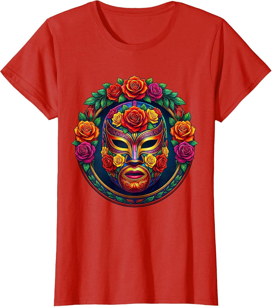 Women's Luchadora Mask with Roses Mexican Wrestling Art T-Shirt - Red