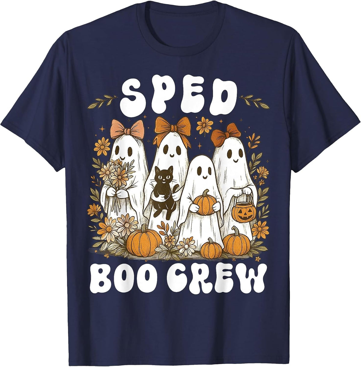 Boo Crew SPED Teacher Wildflower Halloween Ghost Preppy Bow T-Shirt - Navy Blue