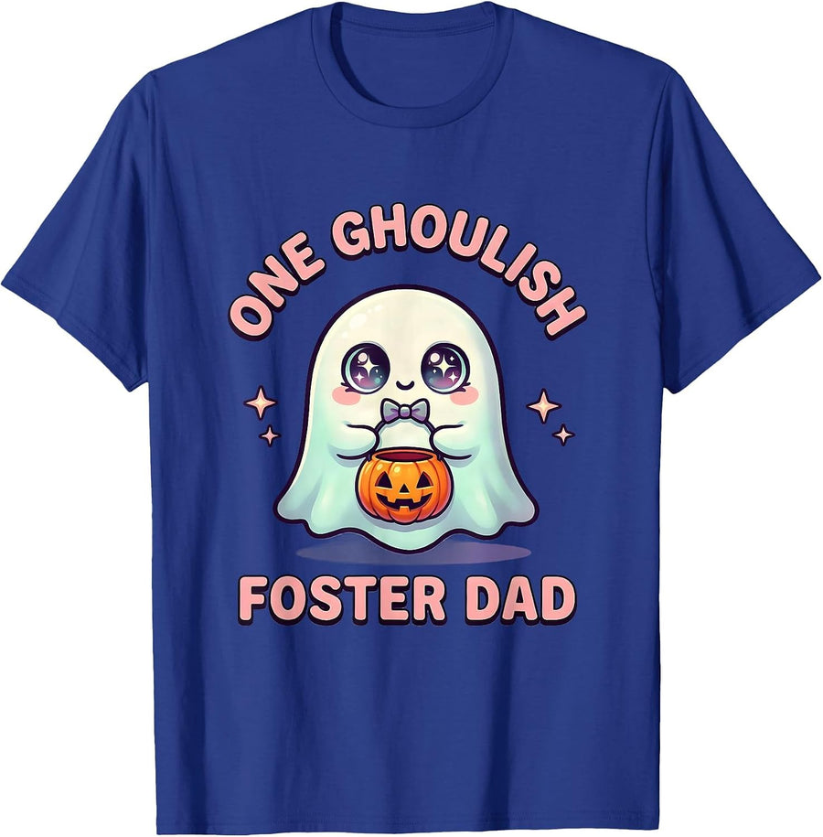 One Ghoulish Foster Dad Cute Kawaii Ghost Halloween Birthday T-Shirt - Royal Blue