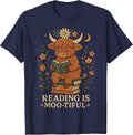 Cute Highland Cow Reading for Book Lover Teachers Librarians T-Shirt - Navy Blue