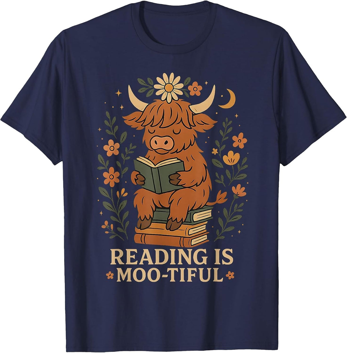 Cute Highland Cow Reading for Book Lover Teachers Librarians T-Shirt - Navy Blue