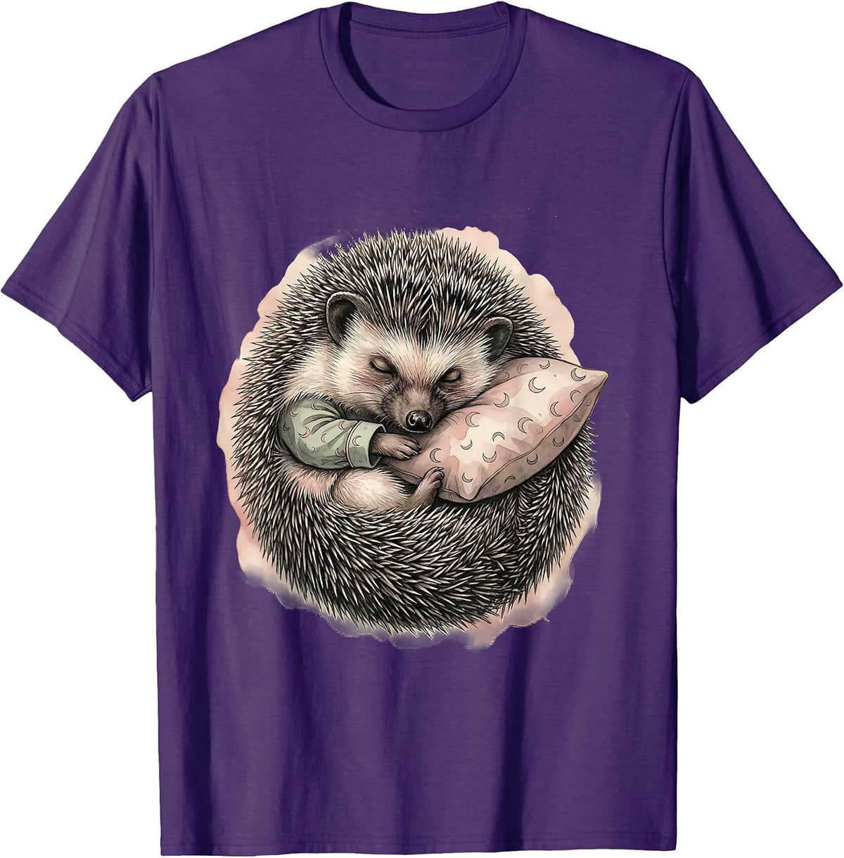 Sleeping Hedgehog Watercolor Cozy Pajama Portrait T-Shirt - Purple
