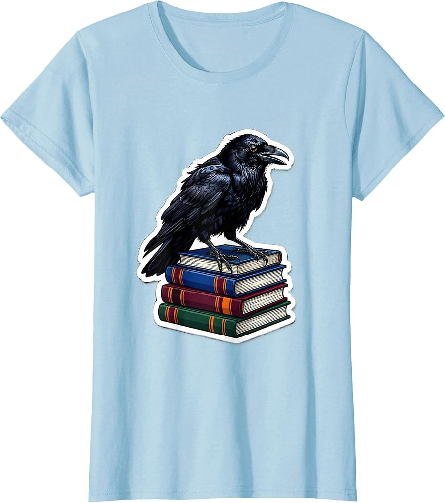 Women's Halloween Crow on Textbooks Teacher Design T-Shirt - Baby Blue