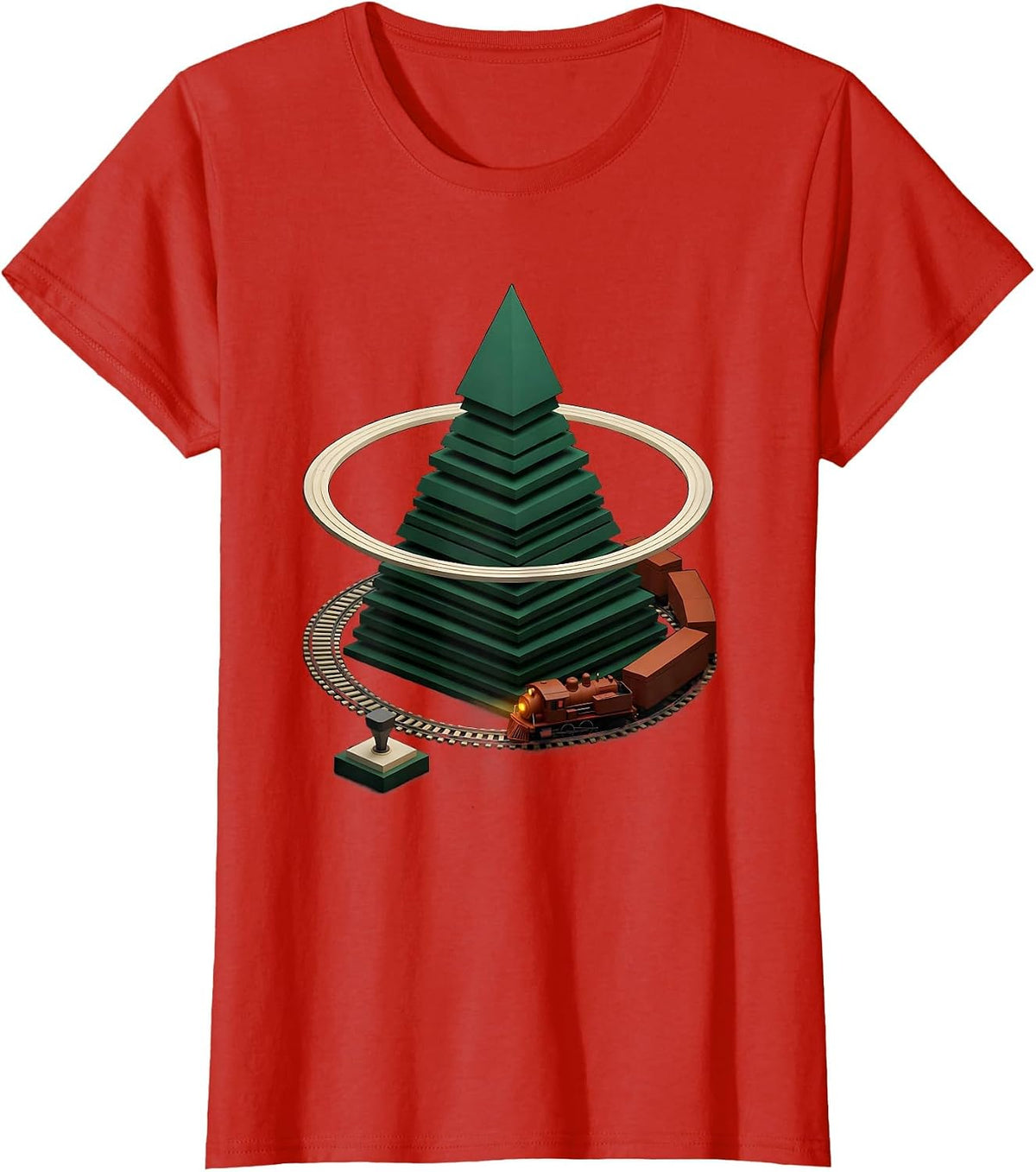 Stacked Tree Train Geometric Vintage Holiday T-Shirt - Red