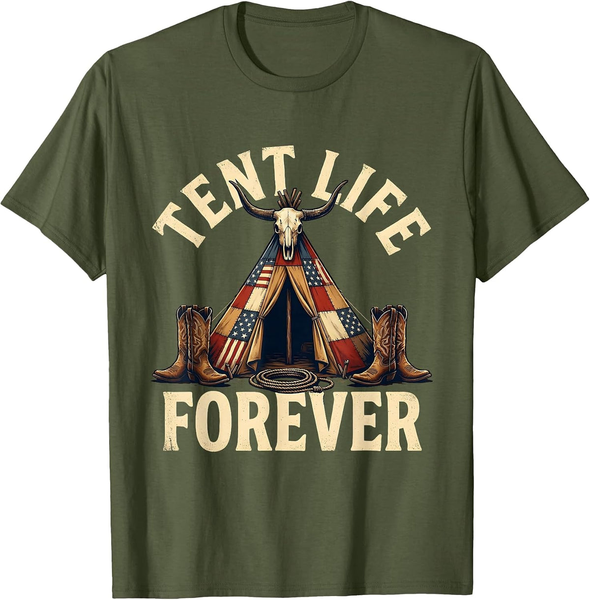 Tent Life Forever Camping Outdoor Adventure Design T-Shirt - Olive Green