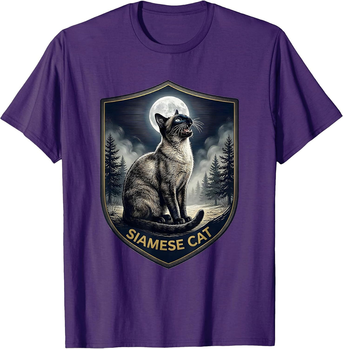 Siamese Cat Howling at Moon 90's Retro T-Shirt - Purple