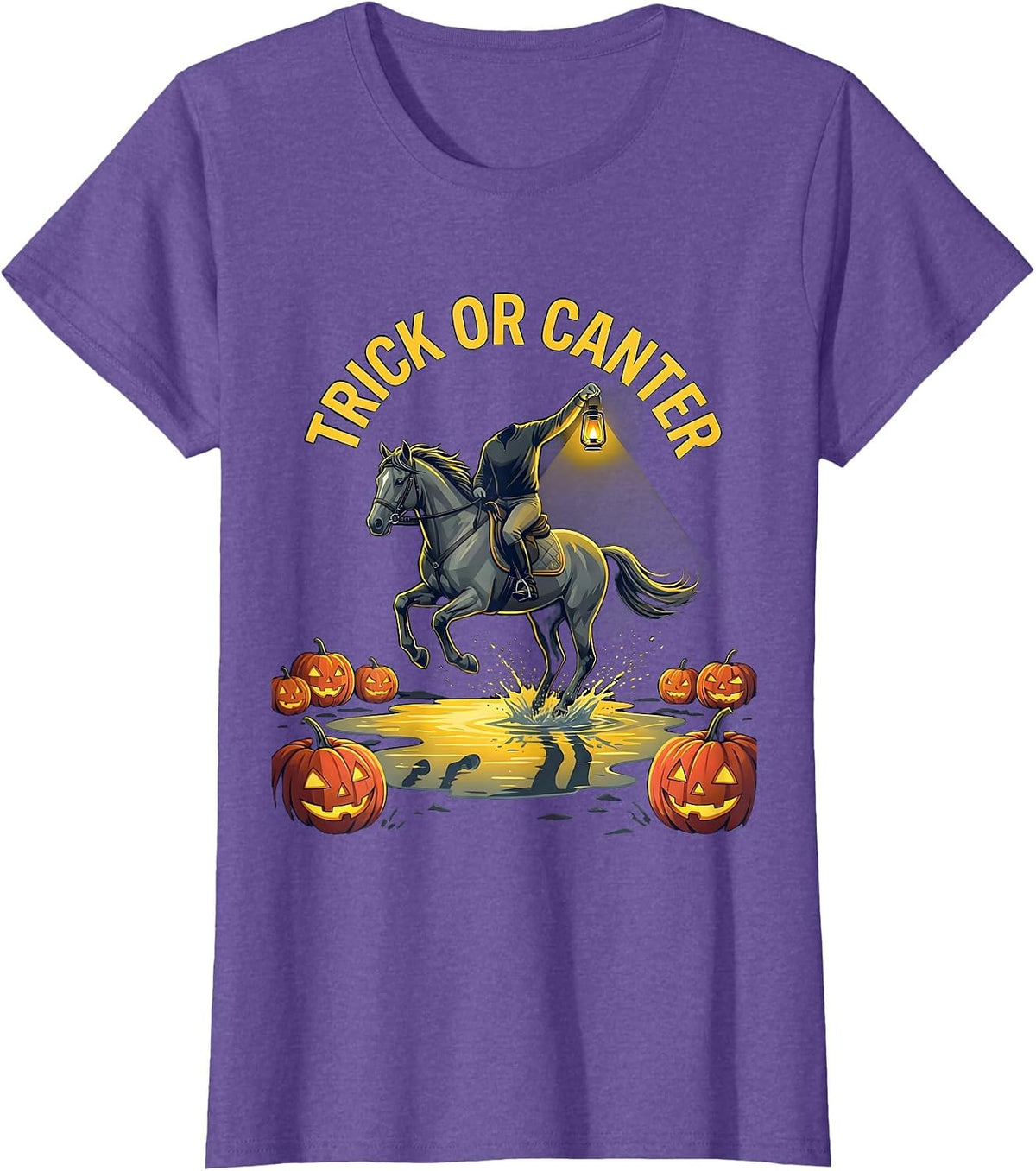 Trick Or Canter Flat Vector Gothic Halloween Horse Lover T-Shirt - Purple Heather