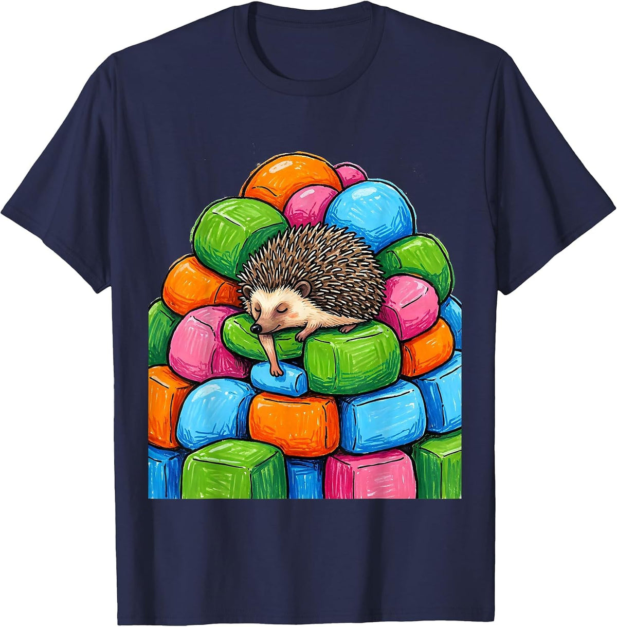 Cute Sleeping Hedgehog Pajama Top Kidcore Animal Lovers T-Shirt - Navy Blue