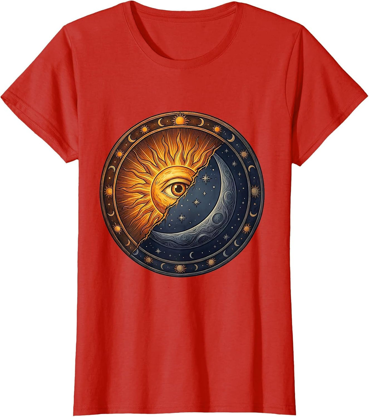 Women's Neurodiversity Sun Moon Celestial Fusion Design T-Shirt - Red
