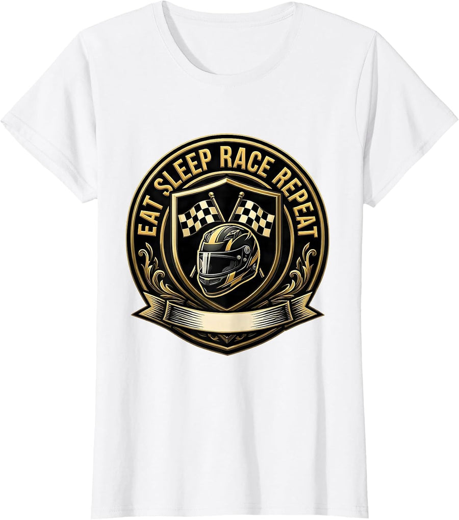 Women's Eat Sleep Race Repeat Racing Enthusiast Design T-Shirt - White