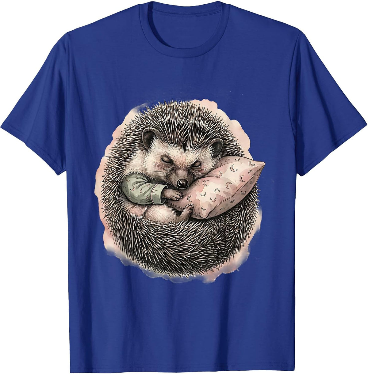 Sleeping Hedgehog Watercolor Cozy Pajama Portrait T-Shirt - Royal Blue