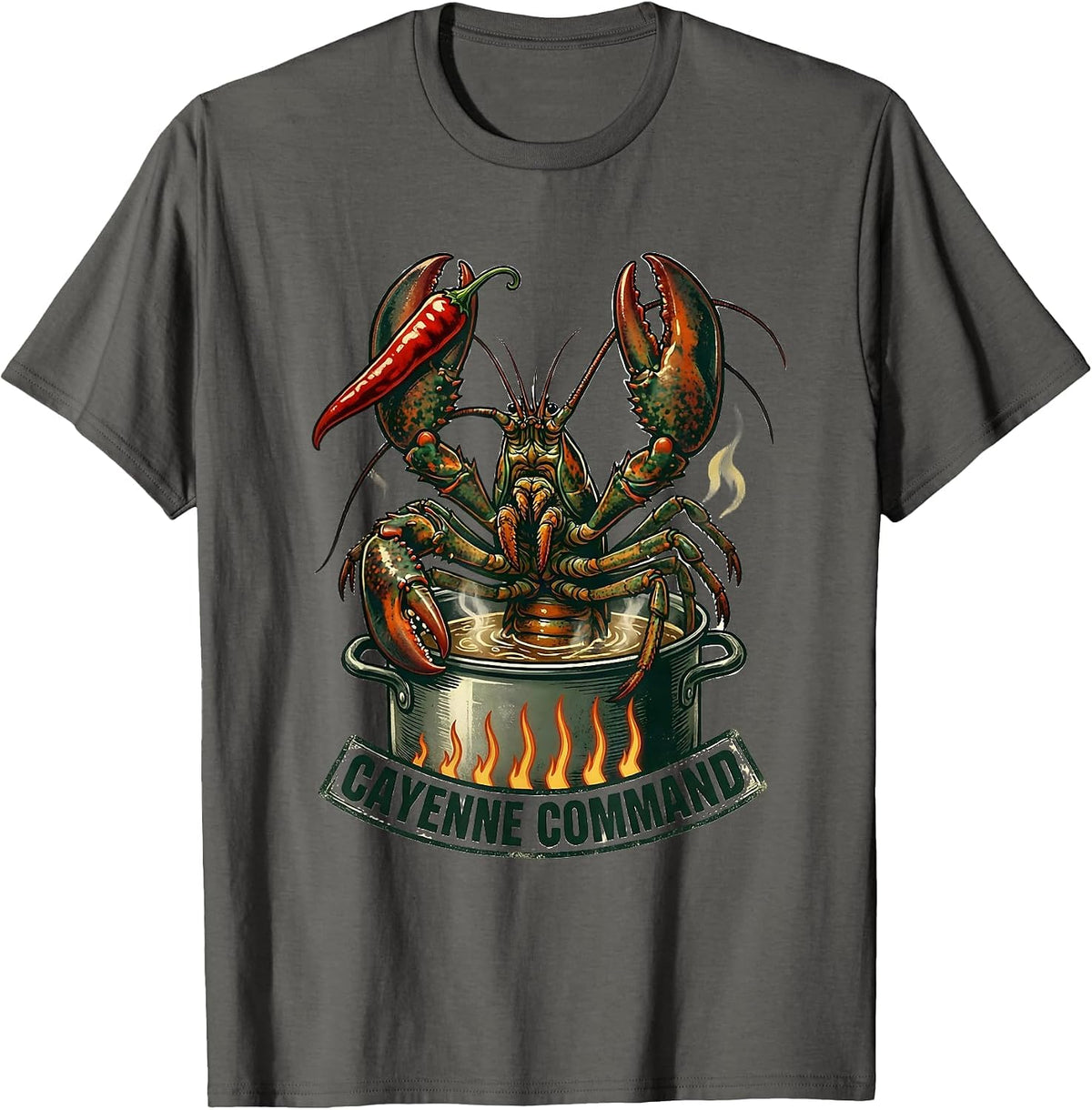 Cayenne Command Vintage Crawfish Mardi Gras Carnival Humor T-Shirt - Asphalt Grey