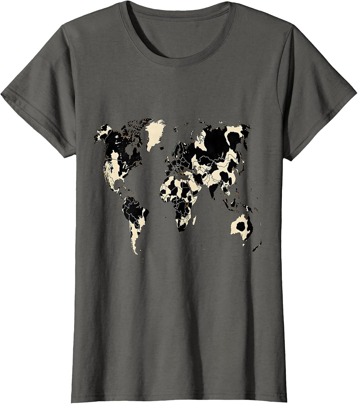 Women's Cow Print World Map Graphic Tee T-Shirt - Asphalt Grey