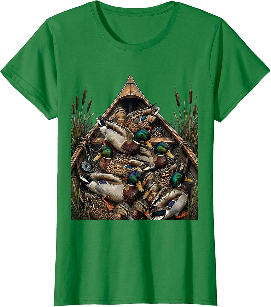 Women's Bottomland Camo Decoy Pile Canoe Bow Duck Hunting T-Shirt - Kelly Green