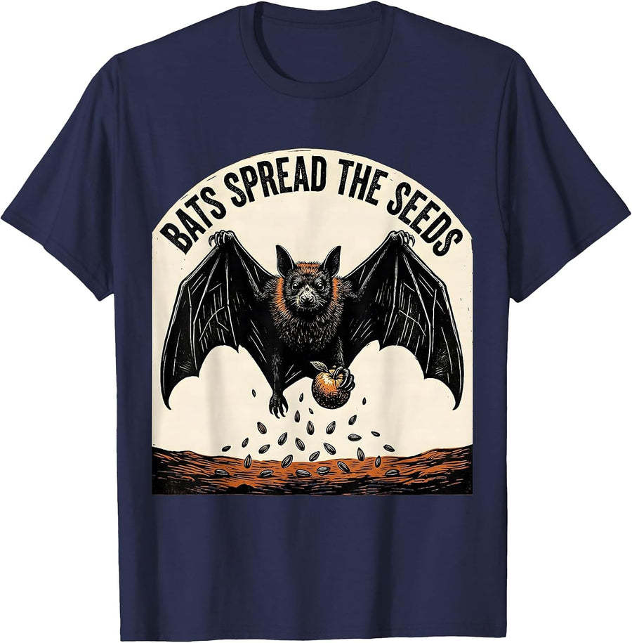 Bats Spread The Seeds Linocut Bat Lover Halloween Nature T-Shirt - Navy Blue