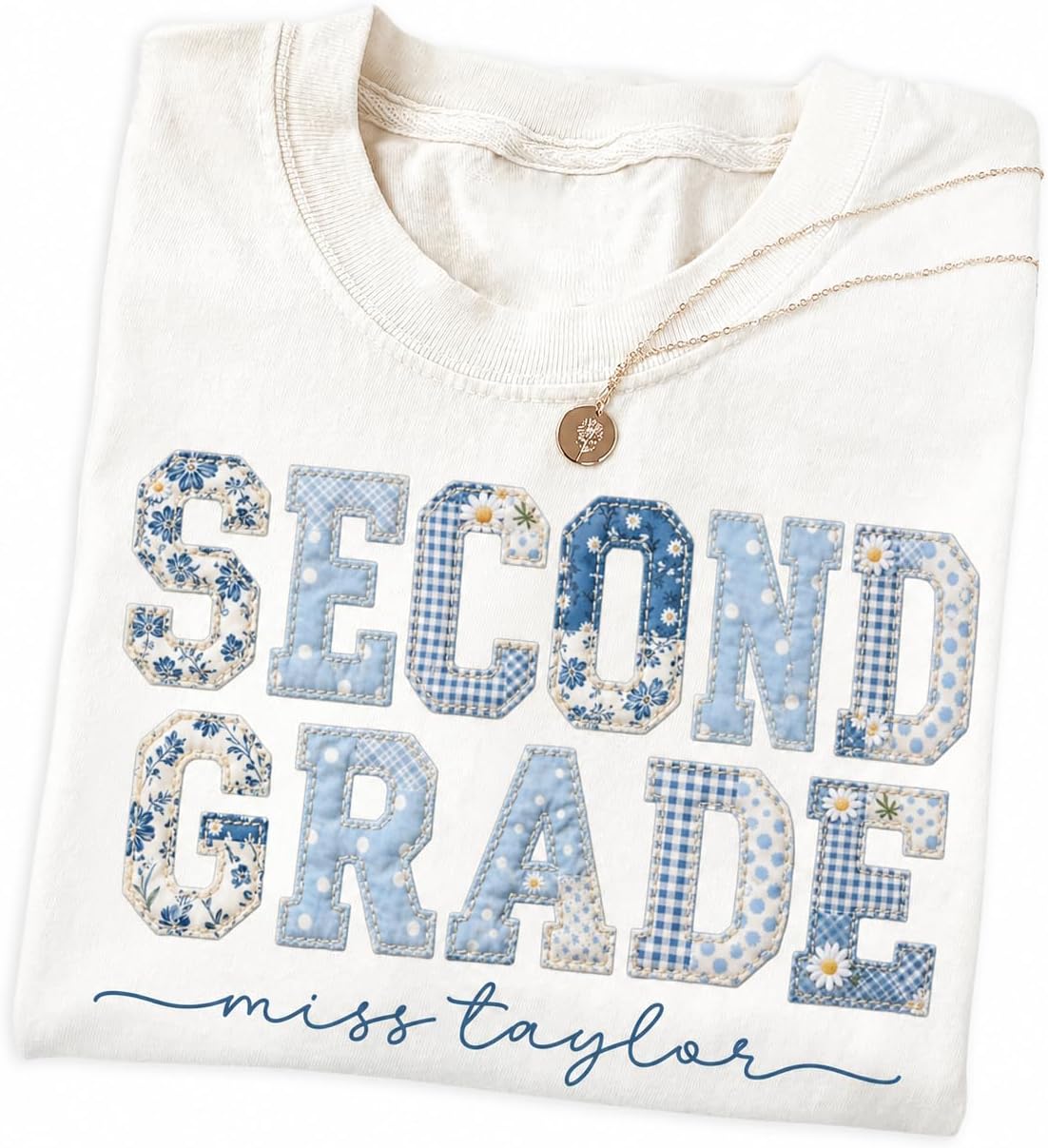 Personalized Teacher Shirts - Custom Patchwork Floral Effect T-Shirt, Gift for Teachers, Teacher Clothes - 2nd Grade