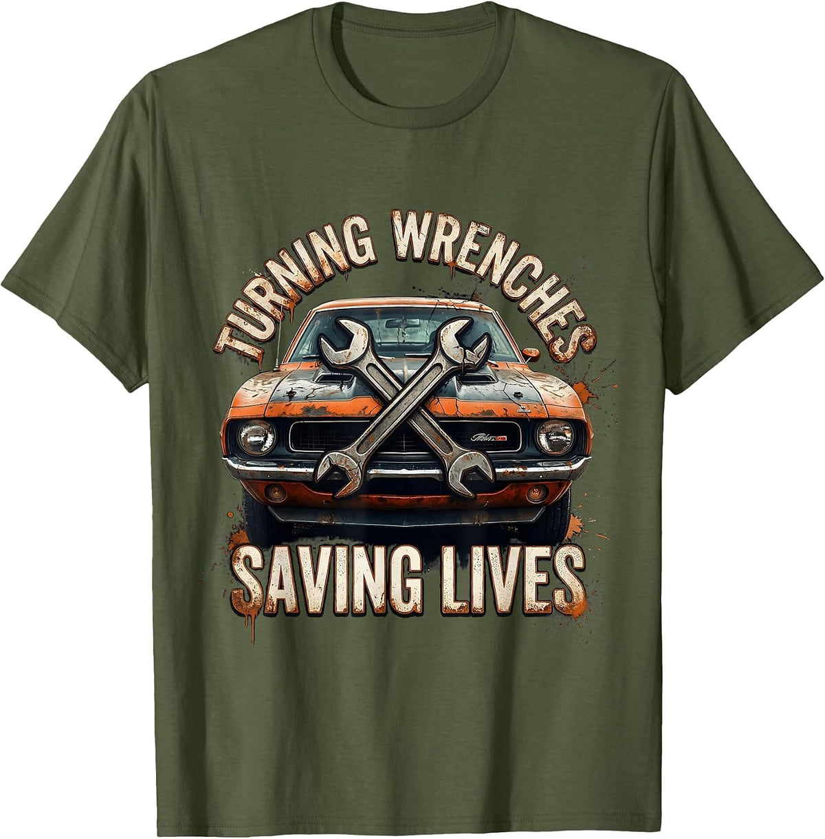 Turning Wrenches Saving Lives Mechanic Design T-Shirt - Olive Green
