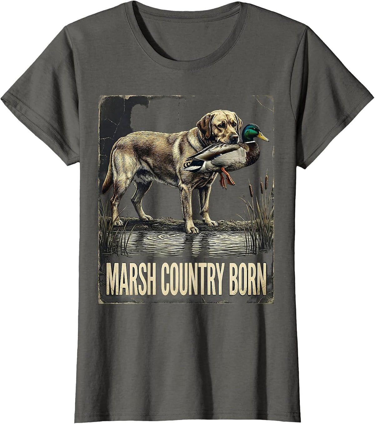 Women's Marsh Country Born Distressed Labrador Duck Hunting Youth T-Shirt - Asphalt Grey