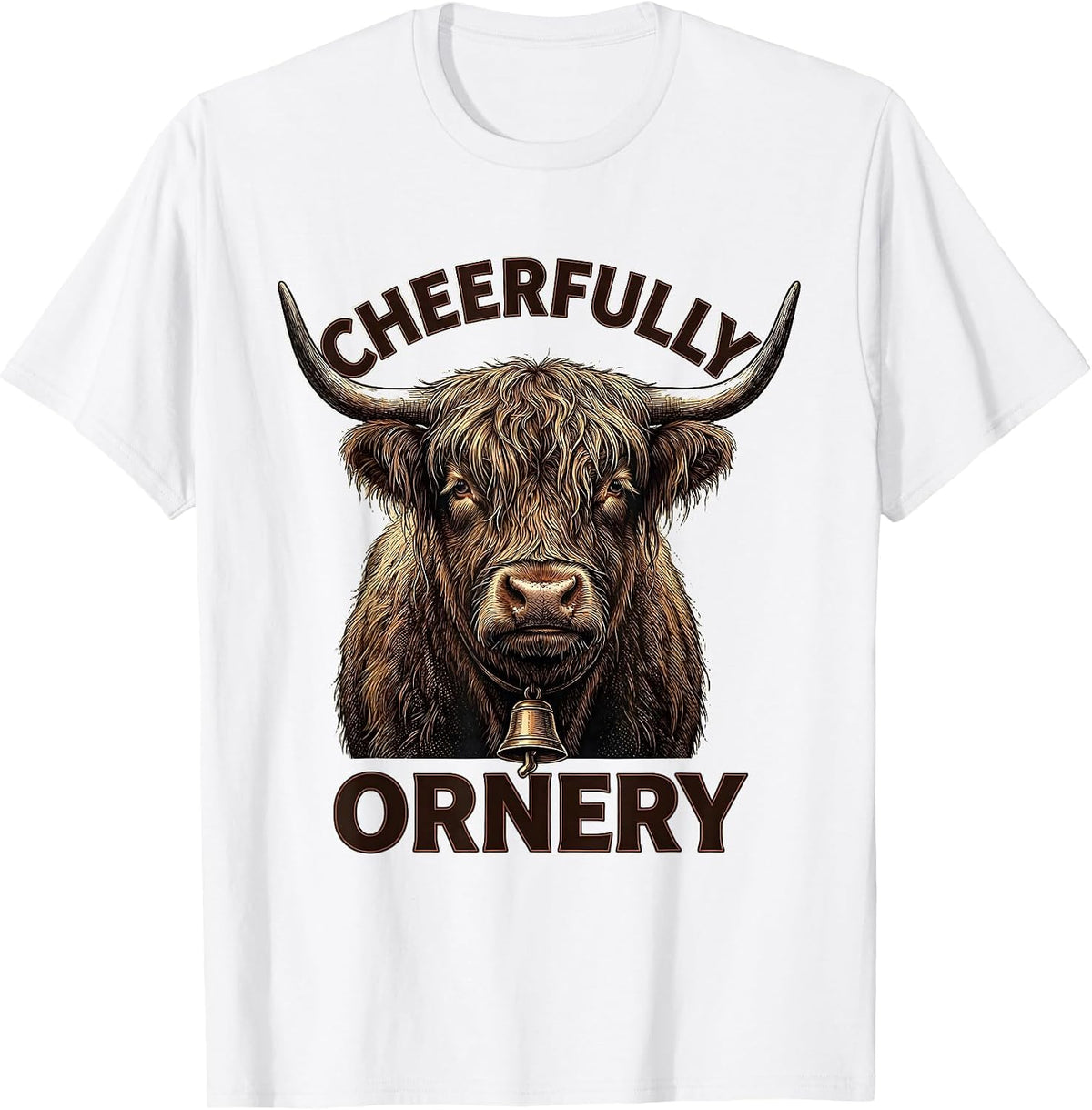 Men's Cheerfully Ornery Crosshatch Highland Cow Funny Cute Animal T-Shirt - White