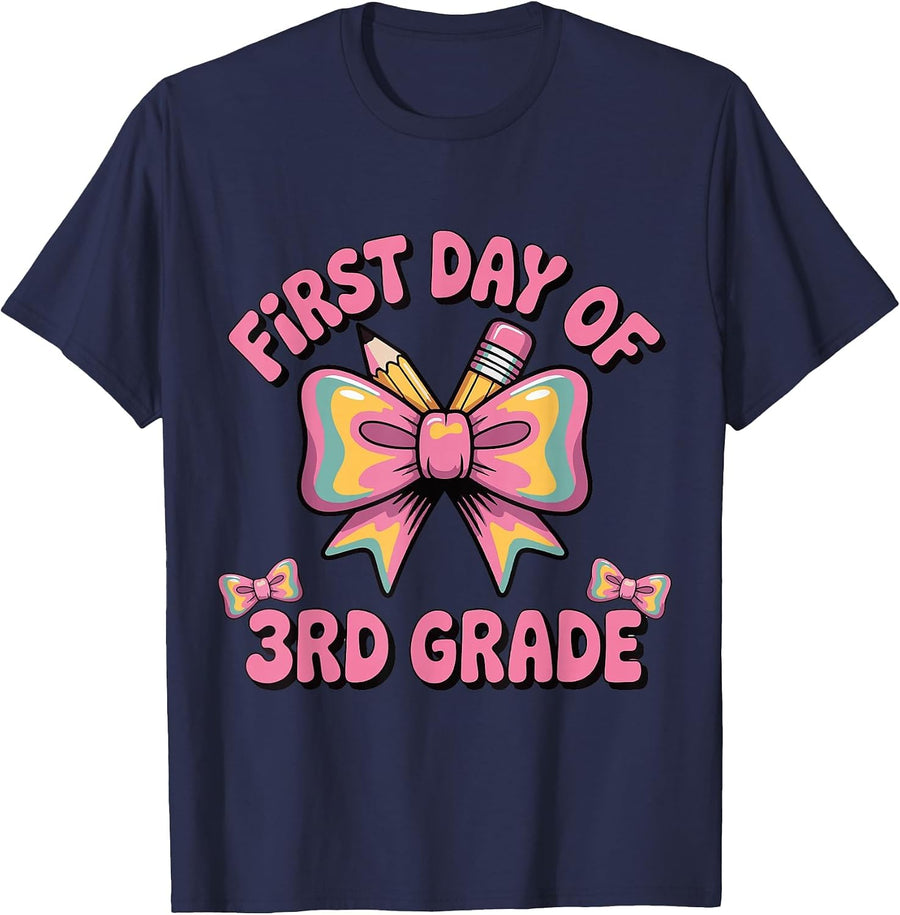 First Day of 3rd Grade Back to School Coquette Girls Kids T-Shirt - Navy Blue
