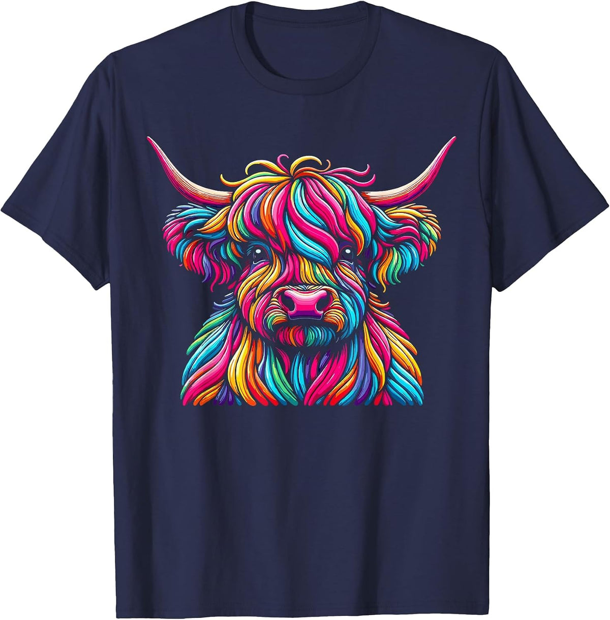 Highland Cow Colorful T-Shirt - Navy Blue