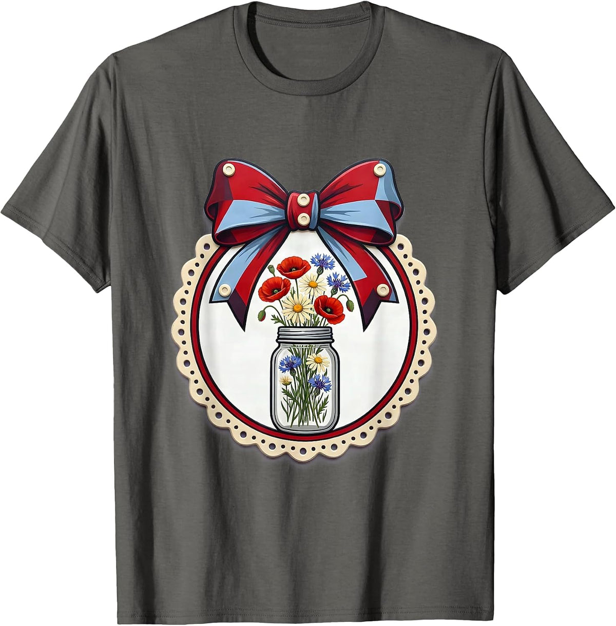 Red White Blue Wildflowers Mason Jar Illustration T-Shirt - Asphalt Grey