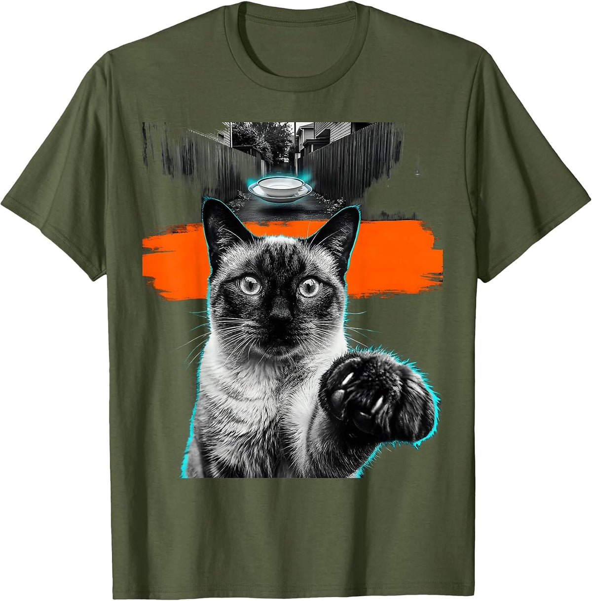 Men's Startled Siamese Cat UFO Alien Selfie Funny Cat Gifts T-Shirt - Olive Green