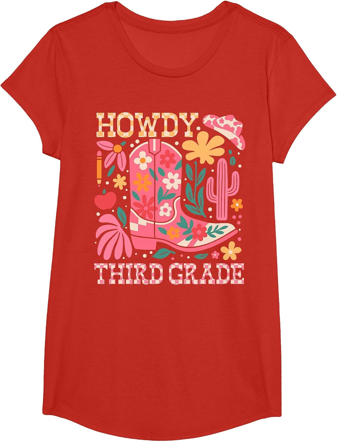 Howdy Third 3rd Grade Cowgirls Teacher Back to School T-Shirt - Girls Red