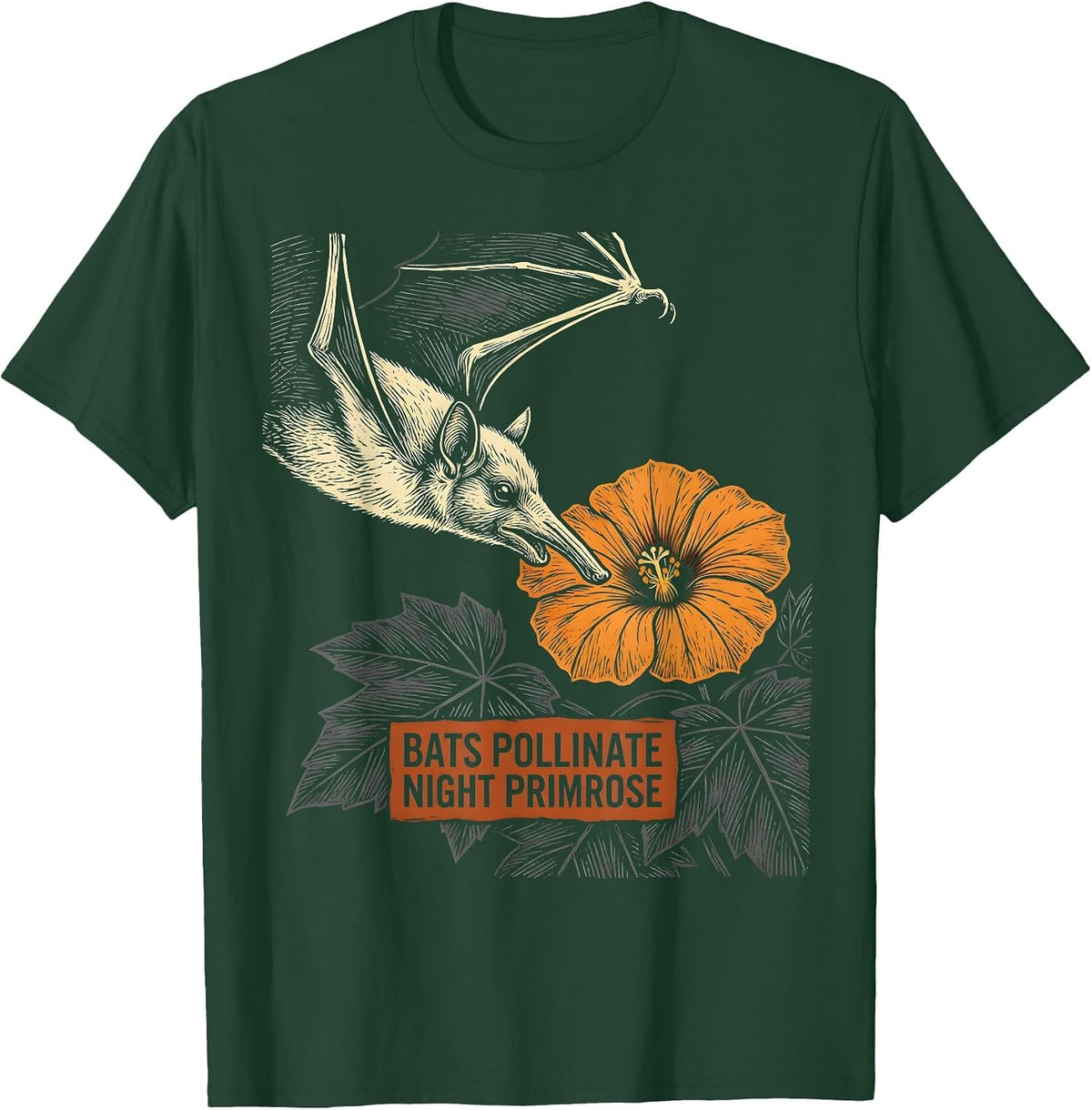 Bats Pollinate Night Primrose Linocut Gothic Bat Lover T-Shirt - Dark Green