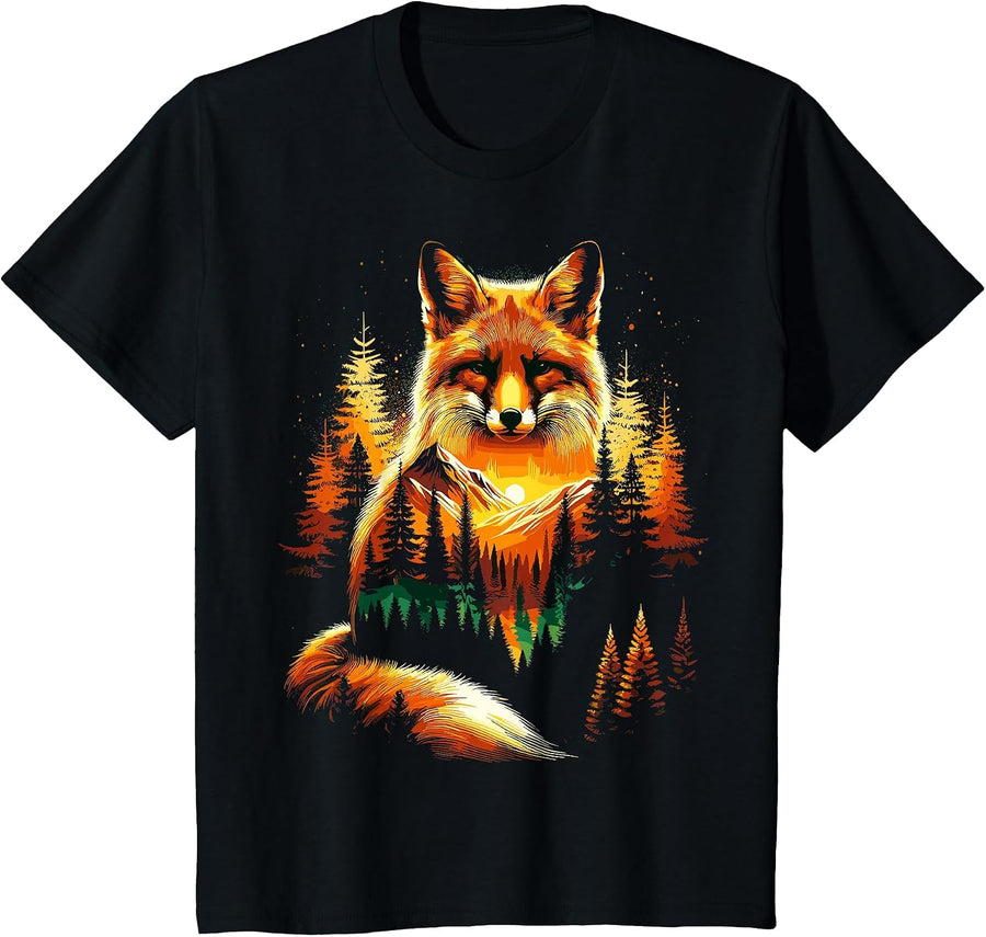 Fox Forest Nature Lover Mountains Hiking Camping T-Shirt - Black