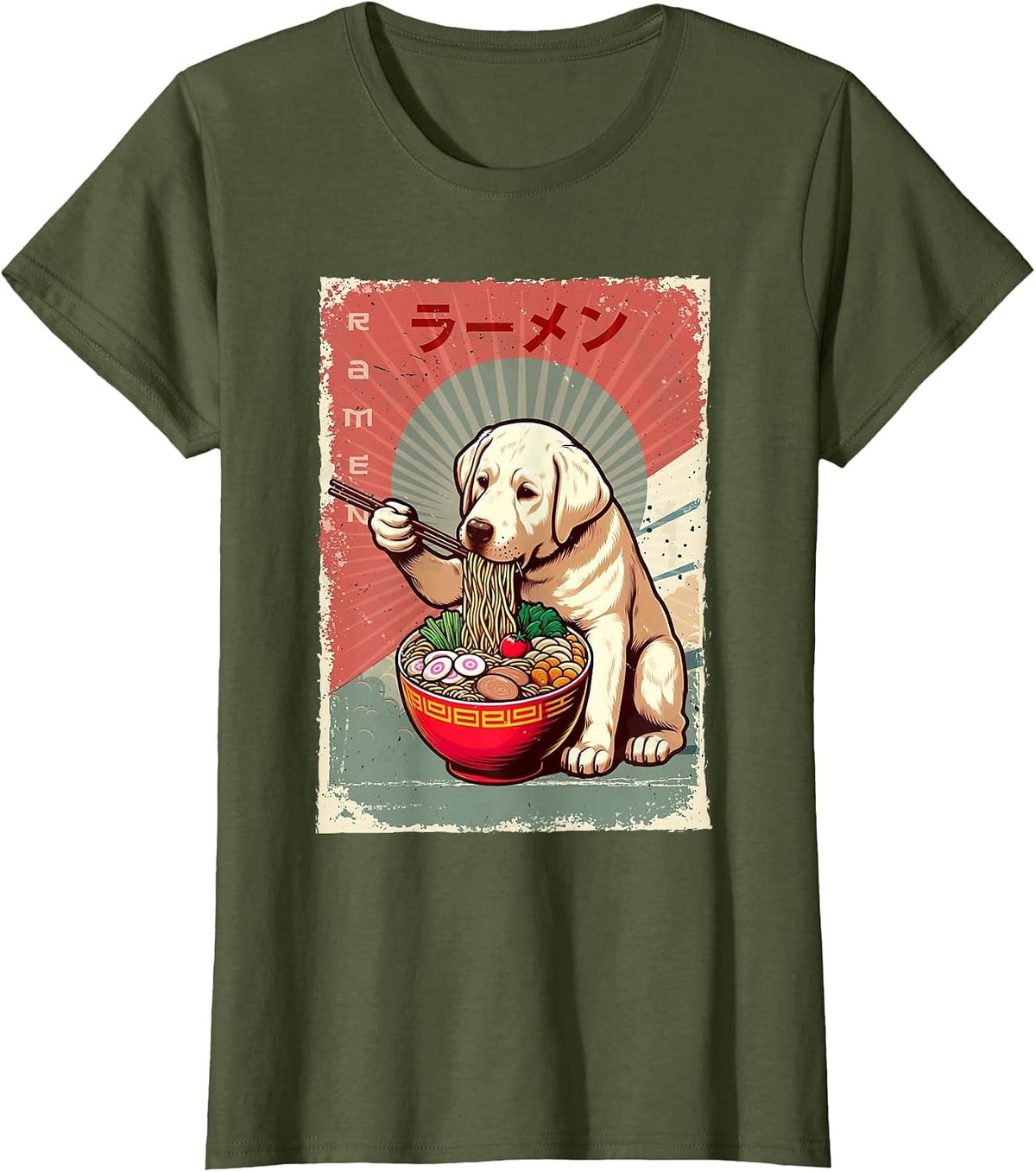 Labrador Dog Eating Ramen Japanese Noodles Soup T-Shirt - Olive Green