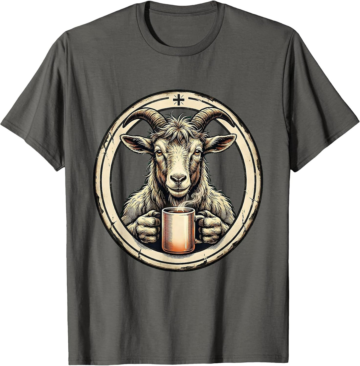 Men's Goat Mascot Vintage Christian Coffee Humor Animal T-Shirt - Asphalt Grey