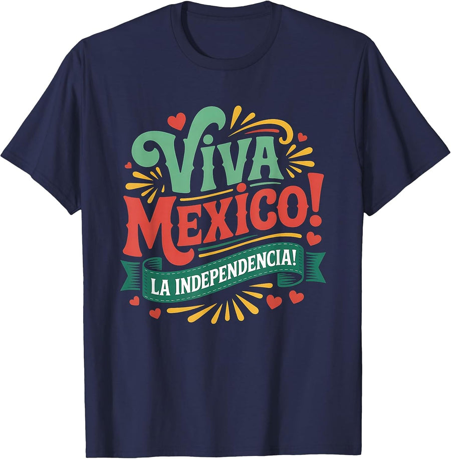 Viva Mexico Colorful Folk Art Mexican Independence Day T-Shirt - Navy Blue