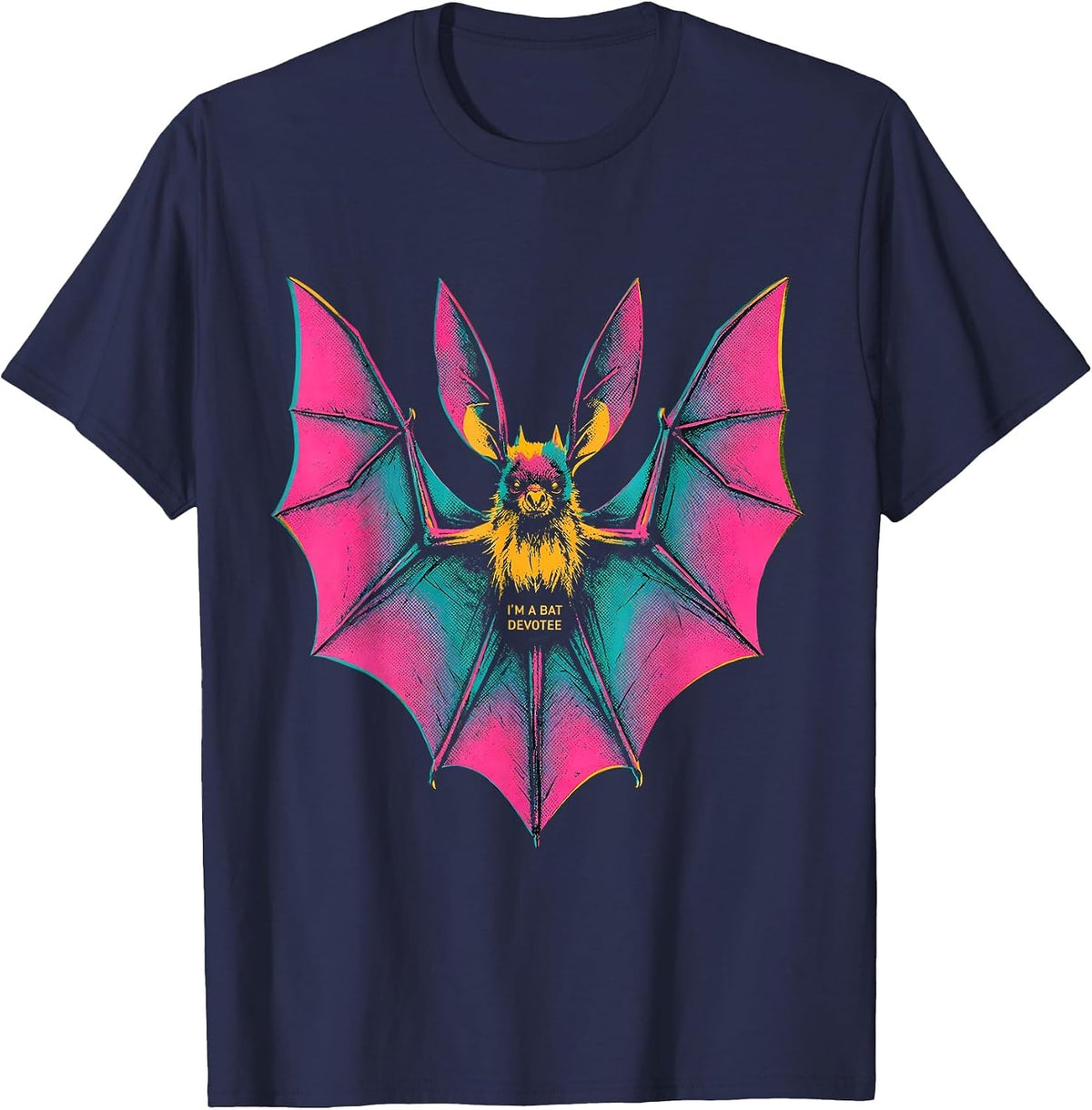 Men's I'm A Bat Devotee Risograph Bat Lover Wildlife Conservation T-Shirt - Navy Blue