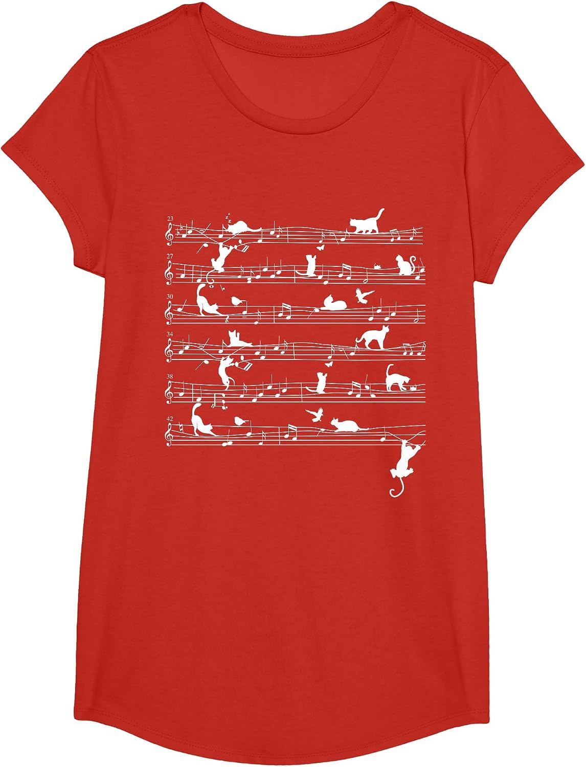 Cute Cat Kitty Playing Music Note Clef Musician Art T-Shirt - Girls Red
