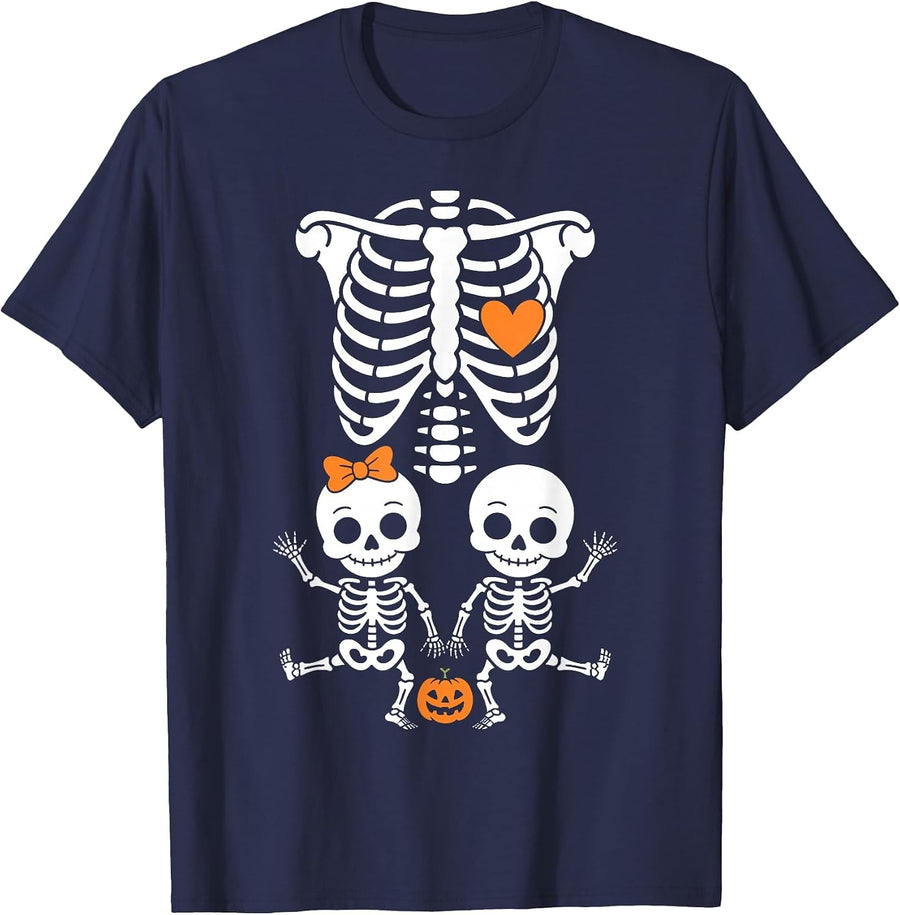 Baby Shower Skeleton Halloween Pregnancy Annoucement Twins T-Shirt - Navy Blue
