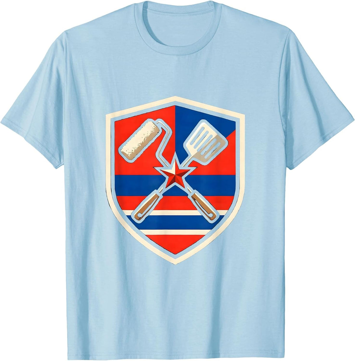 Men's Varsity Shield Paint Roller BBQ Spatula Labor Day Patriotic T-Shirt - Baby Blue
