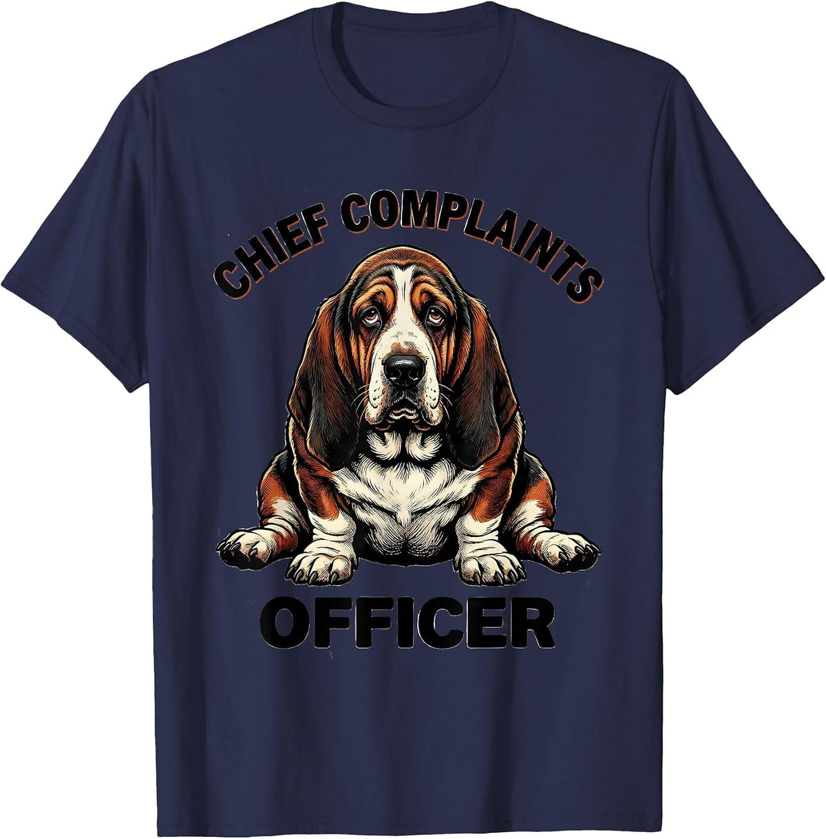 Chief Complaints Officer Retro Cartoon Basset Hound Dog T-Shirt - Navy Blue