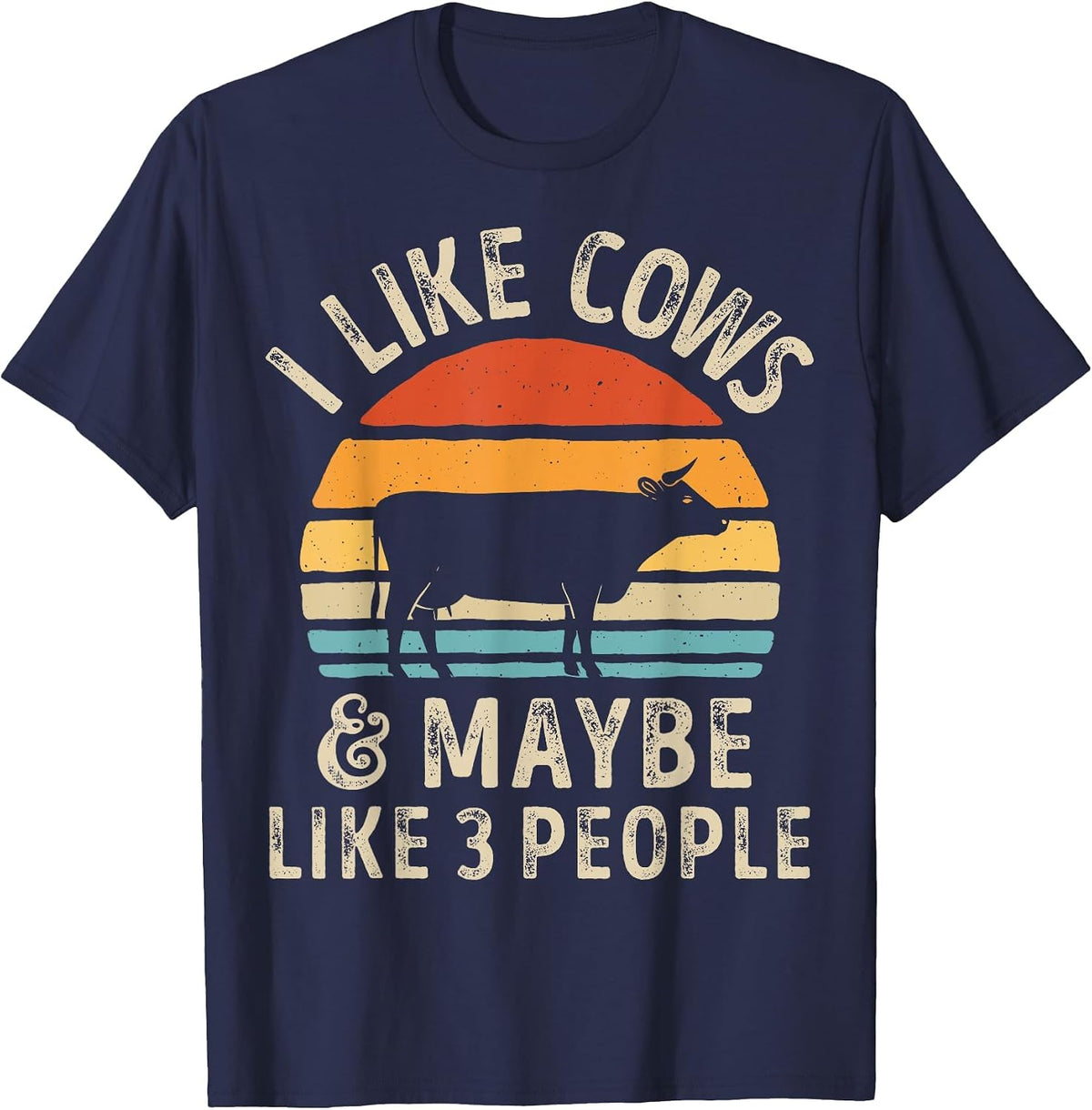 I Like Cows and Maybe Like 3 People Cow Farm Farmer Retro T-Shirt - Navy Blue