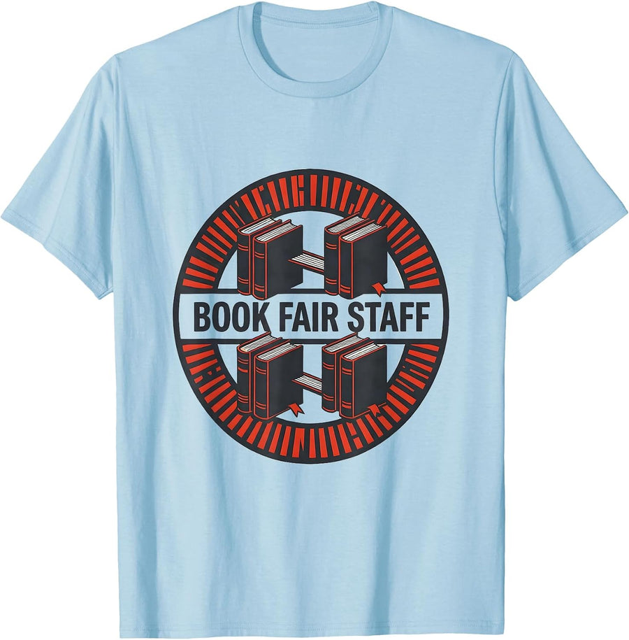 Men's Book Fair Staff Stencil Graphic Teacher Library Crew T-Shirt - Baby Blue