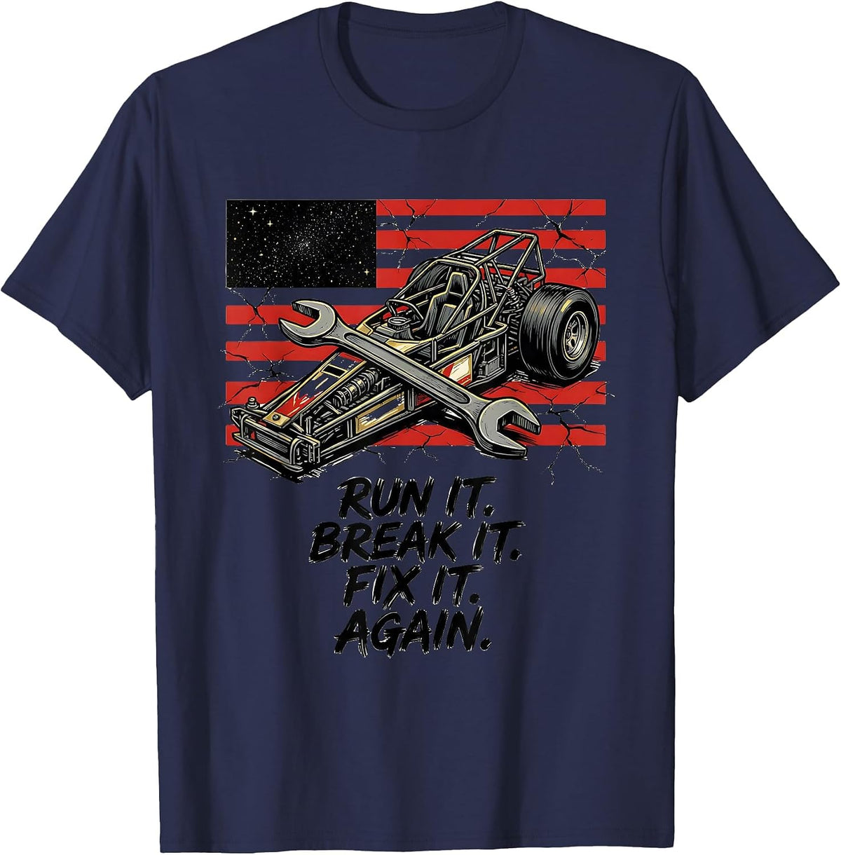 Men's Run It Break It Fix It Again RC Drag Racing American Flag T-Shirt - Navy Blue