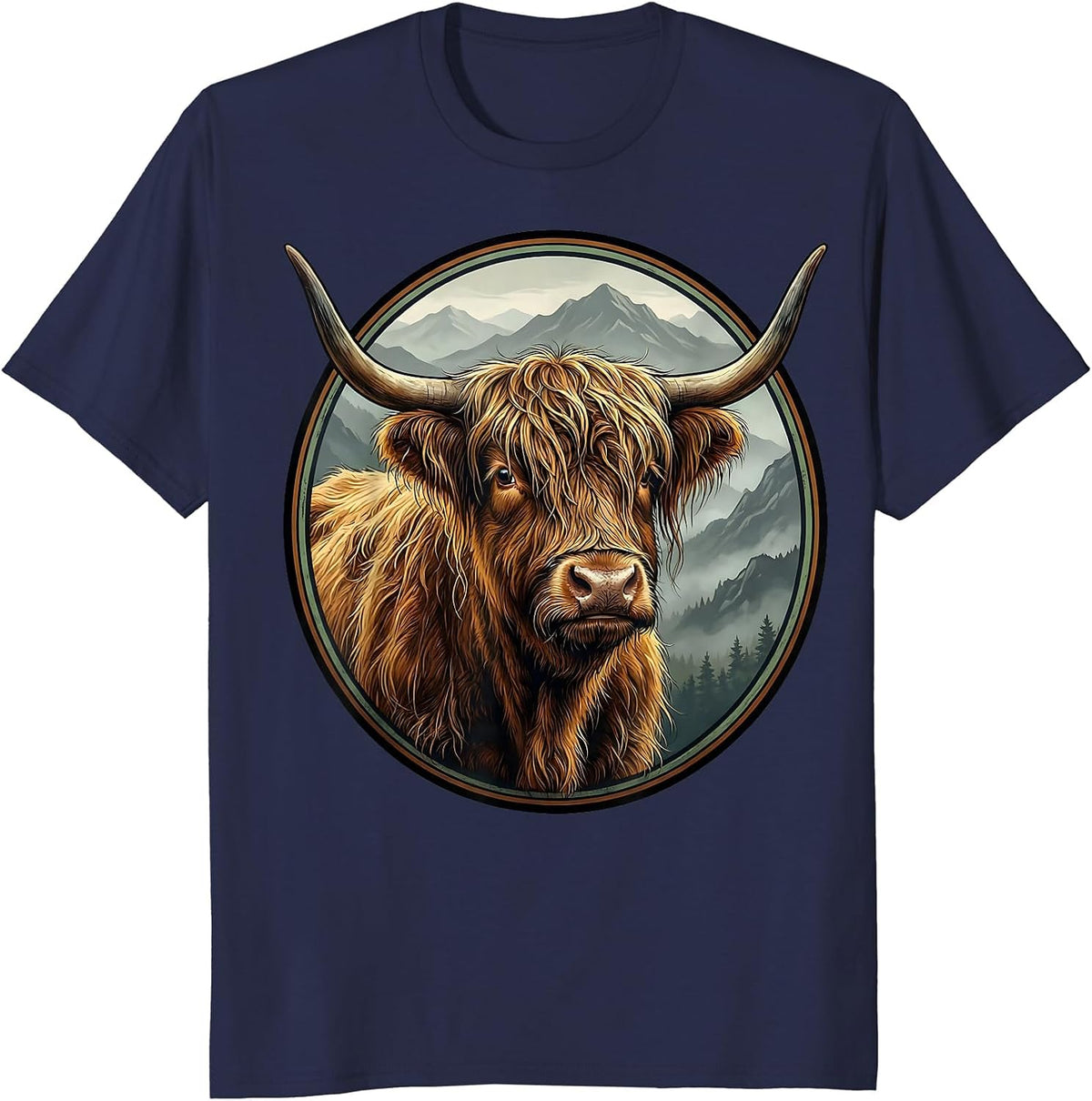Highland Cow Misty Mountain Illustration T-Shirt - Navy Blue