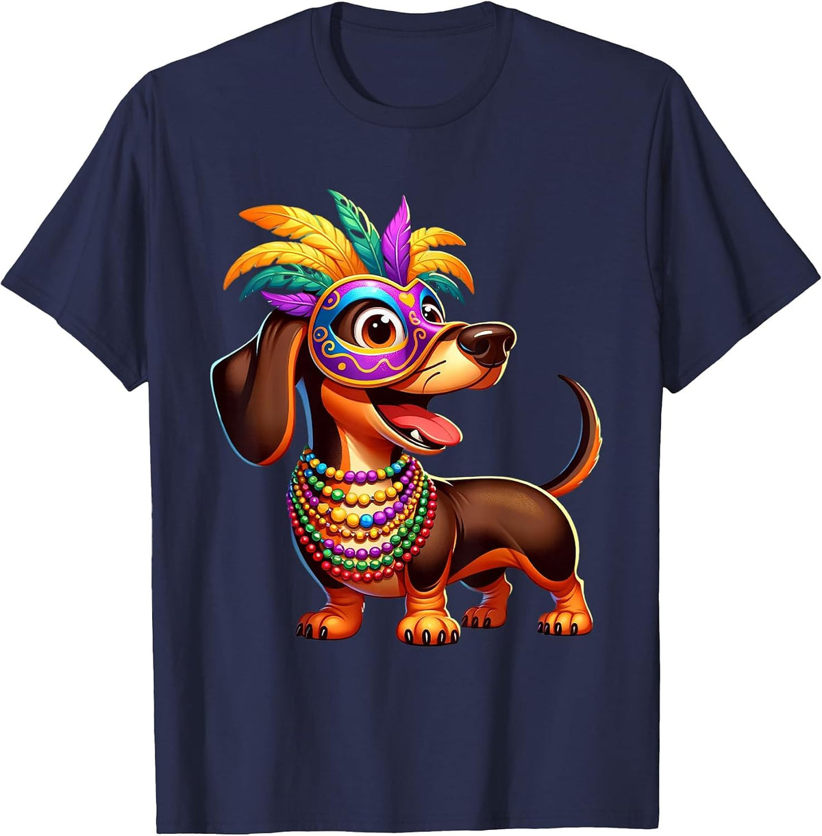 Mardi Gras Dachshund Wearing Mardi Gras Costume Beads Mask T-Shirt - Navy Blue