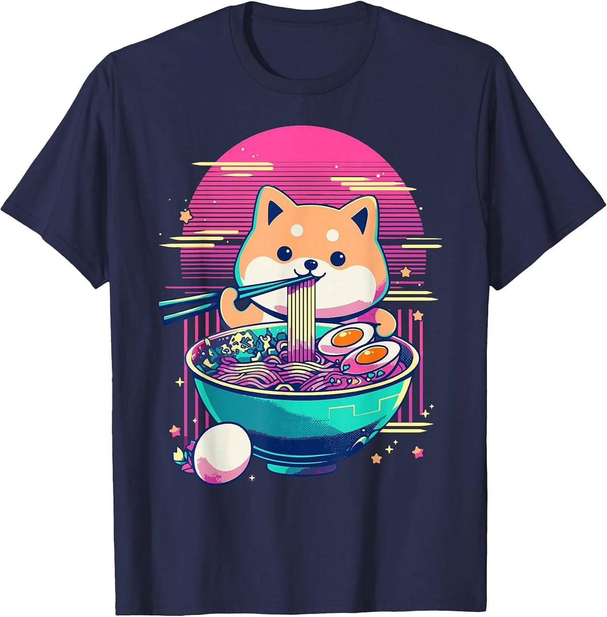 Anime Shiba Inu Eating Ramen Japanese Ramen Japan T-Shirt - Navy Blue