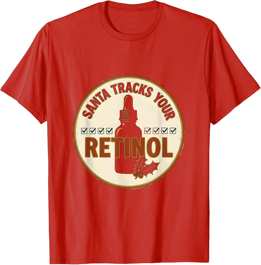 Men's Santa Tracks Your Retinol Vintage Esthetician Skincare Humor T-Shirt - Red