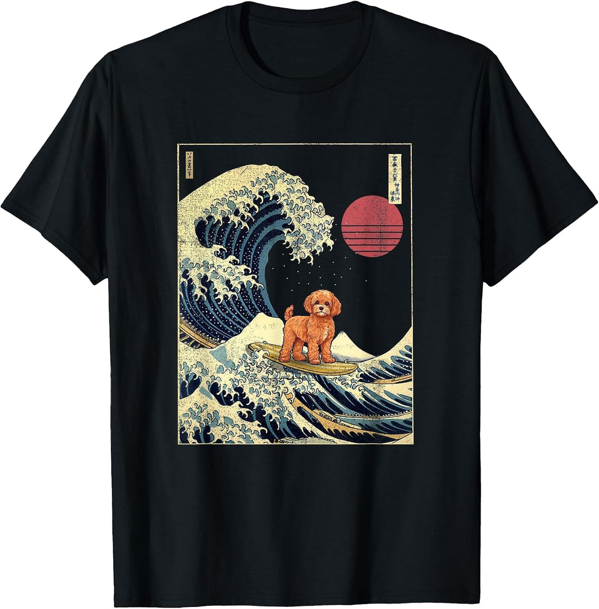 Cavapoo Japanese Kanagawa Wave Funny Surf Dog T-Shirt - Black
