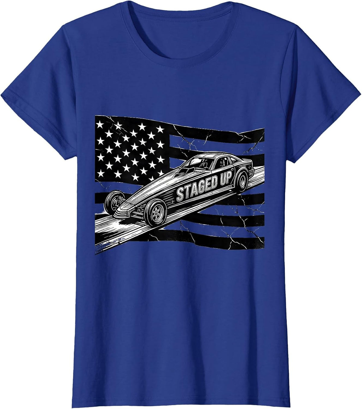 Women's Staged Up Line Art RC Dragster American Flag Racing Hobbyist T-Shirt - Royal Blue