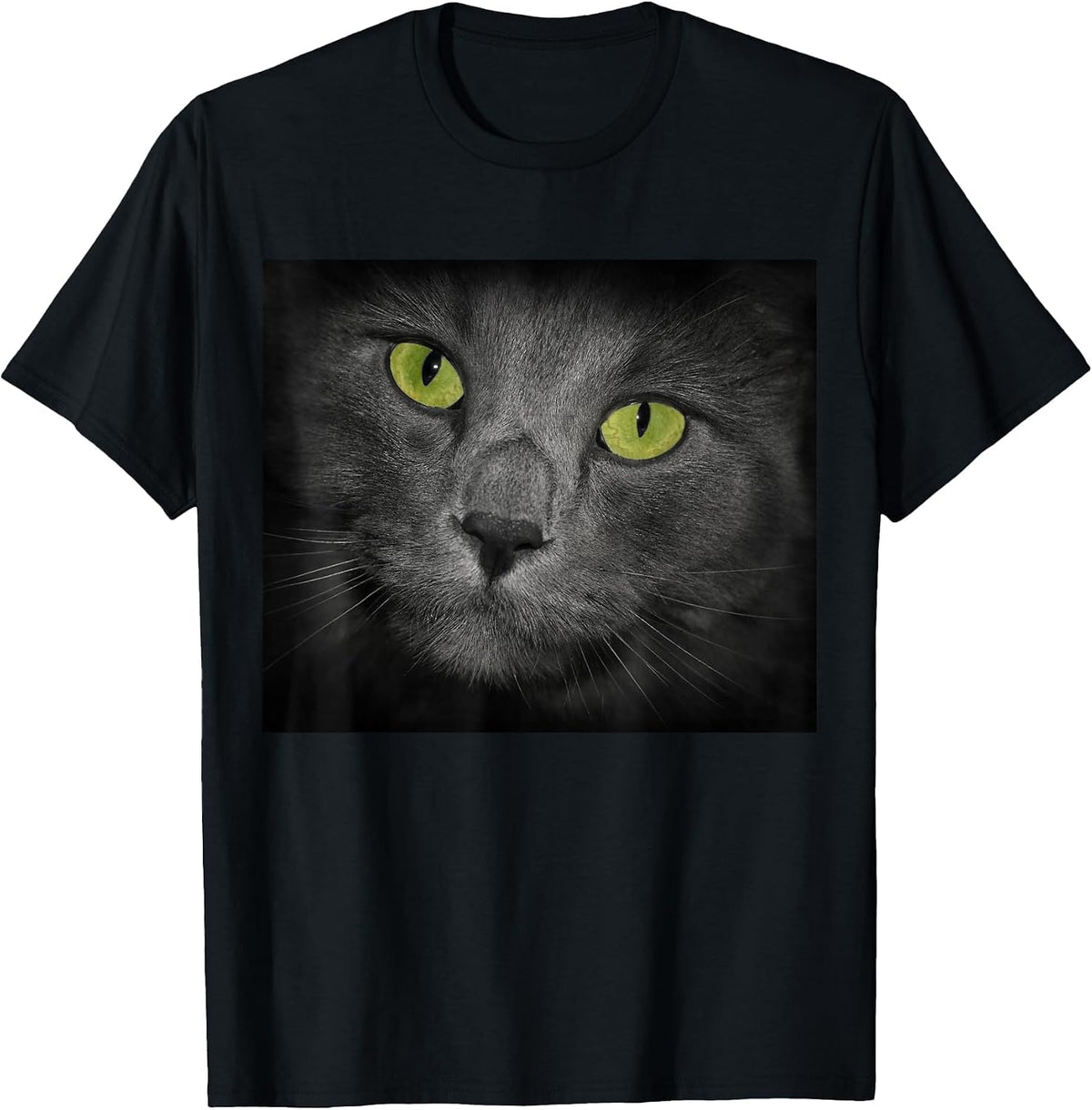 Cat with Green Eyes Gray Fur T-Shirt - Black