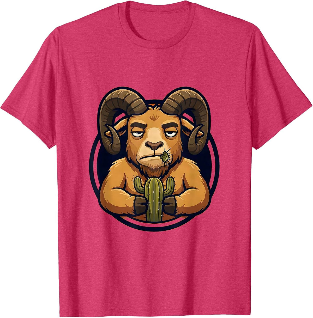 Men's Unfazed Goat Eating Cactus Funny Animal T-Shirt - Red Heather
